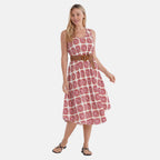 - Maisi Ogee Pattern Flowy Sleeveless Umbrella Dress with Elastic Belt (One Size 8-18) - Pink