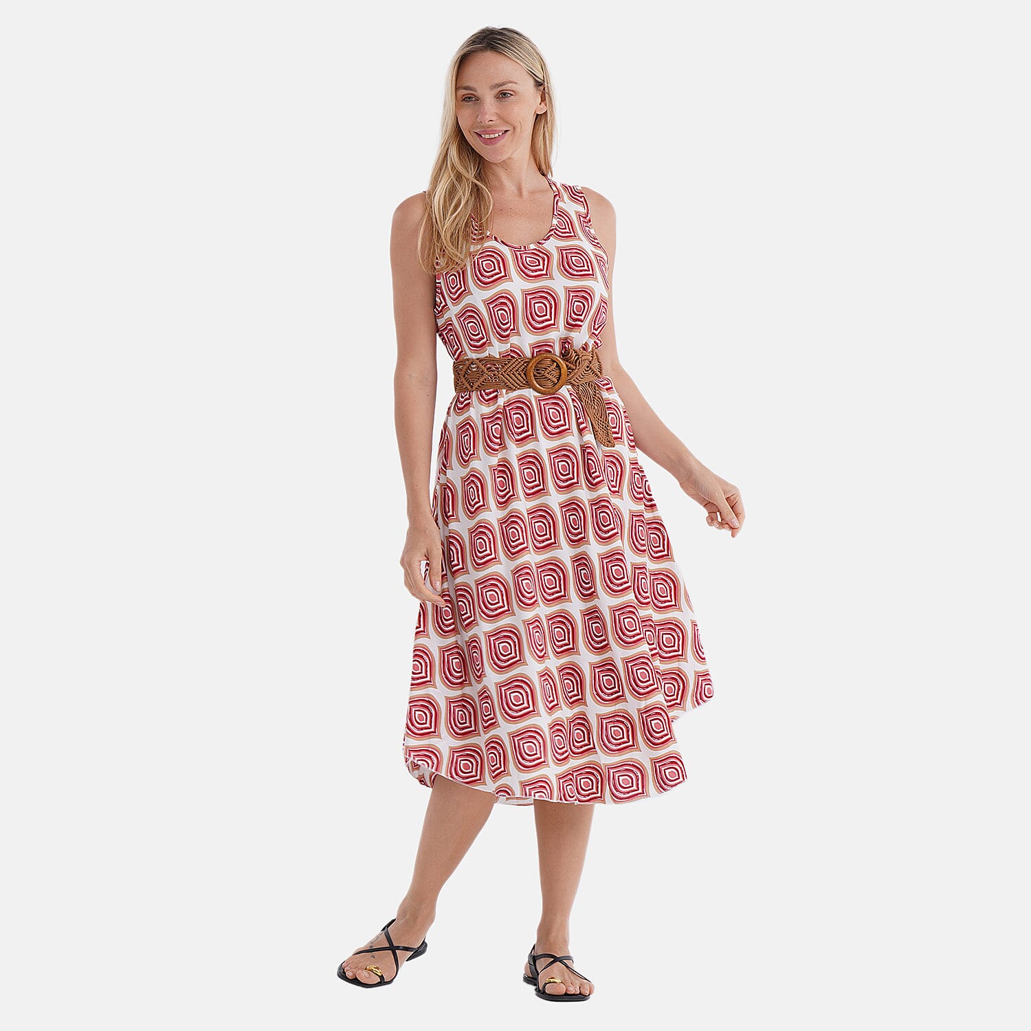 - Maisi Ogee Pattern Flowy Sleeveless Umbrella Dress with Elastic Belt (One Size 8-18) - Pink