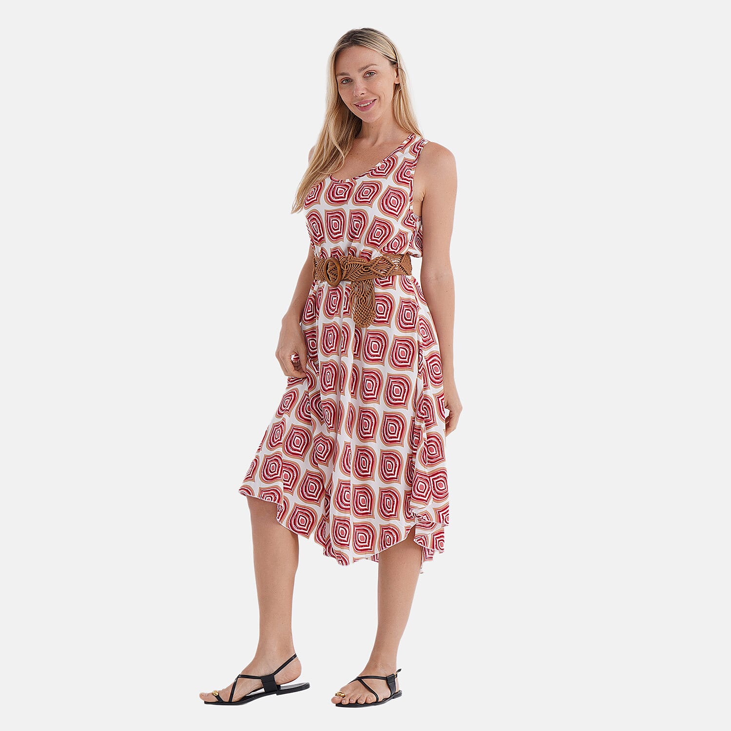- Maisi Ogee Pattern Flowy Sleeveless Umbrella Dress with Elastic Belt (One Size 8-18) - Pink