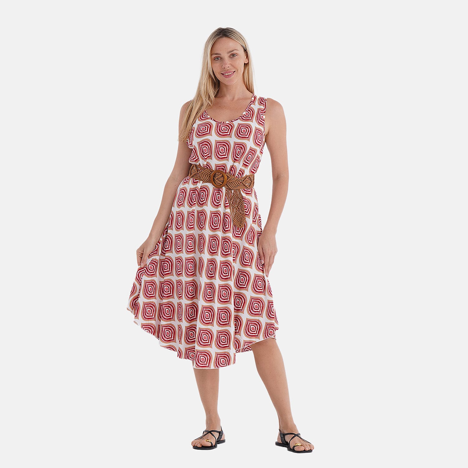 - Maisi Ogee Pattern Flowy Sleeveless Umbrella Dress with Elastic Belt (One Size 8-18) - Pink