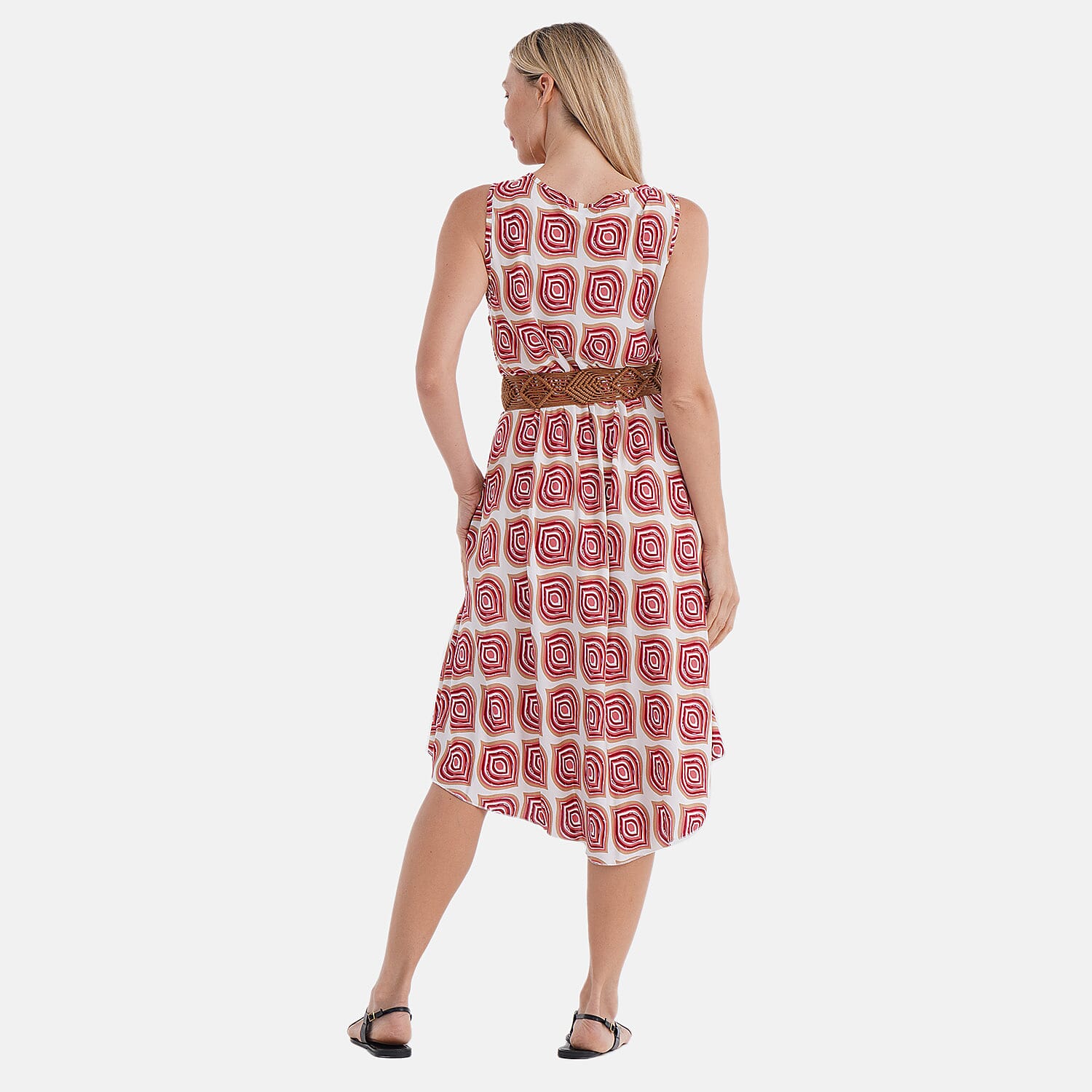 - Maisi Ogee Pattern Flowy Sleeveless Umbrella Dress with Elastic Belt (One Size 8-18) - Pink