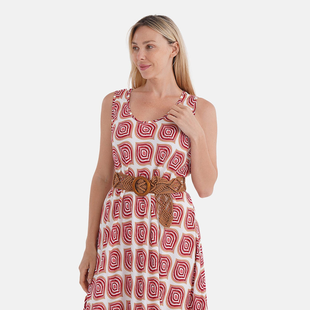 - Maisi Ogee Pattern Flowy Sleeveless Umbrella Dress with Elastic Belt (One Size 8-18) - Pink