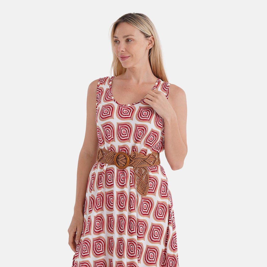 - Maisi Ogee Pattern Flowy Sleeveless Umbrella Dress with Elastic Belt (One Size 8-18) - Pink