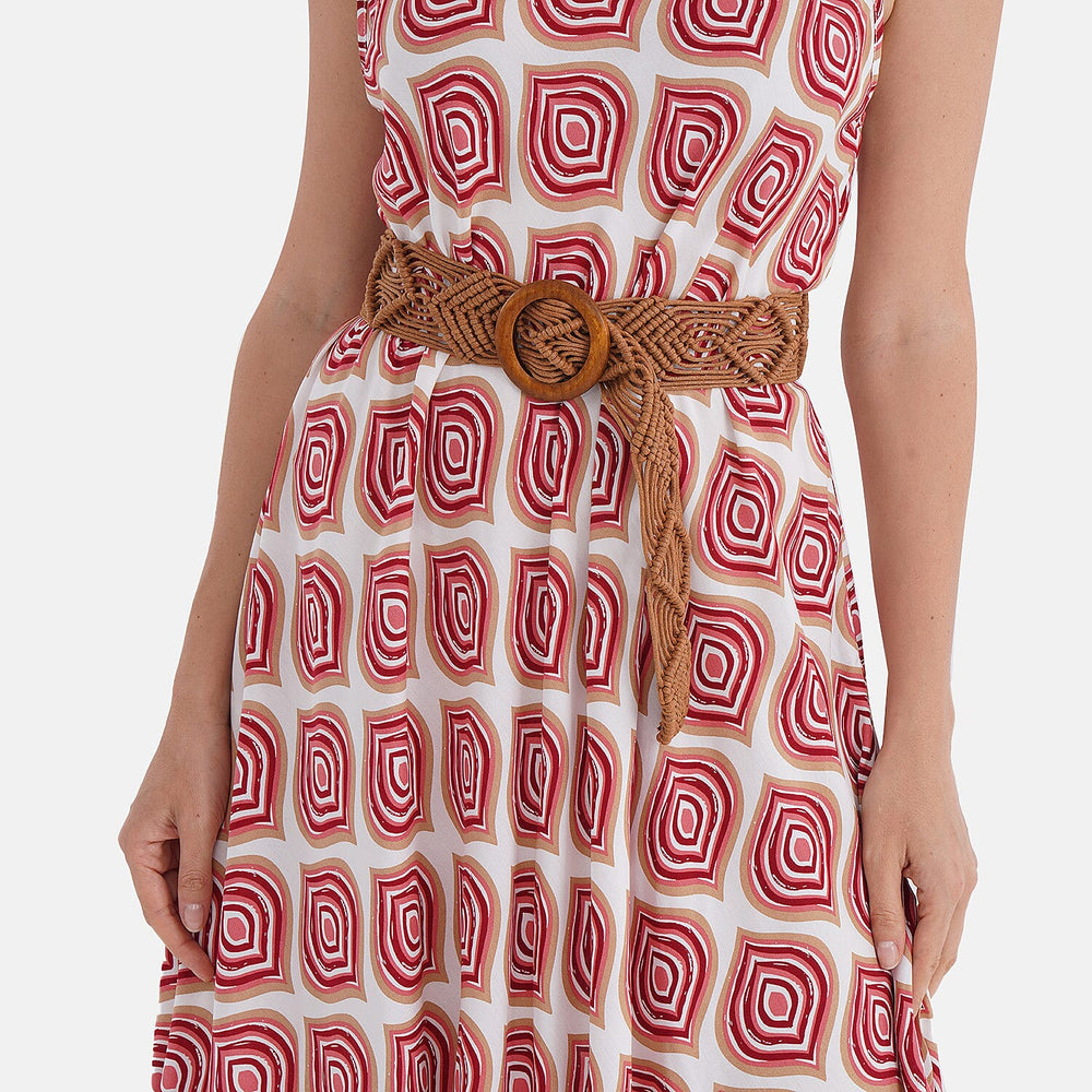 - Maisi Ogee Pattern Flowy Sleeveless Umbrella Dress with Elastic Belt (One Size 8-18) - Pink