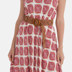 - Maisi Ogee Pattern Flowy Sleeveless Umbrella Dress with Elastic Belt (One Size 8-18) - Pink
