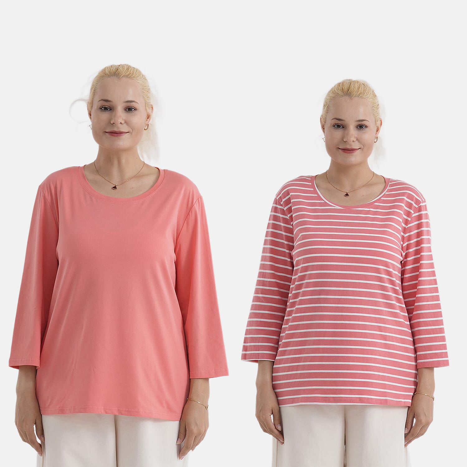 - Maisi Set Of 2 Quarter-Sleeve Cotton Tops (Size L, Fit 16 To 18) - Peach - Striped