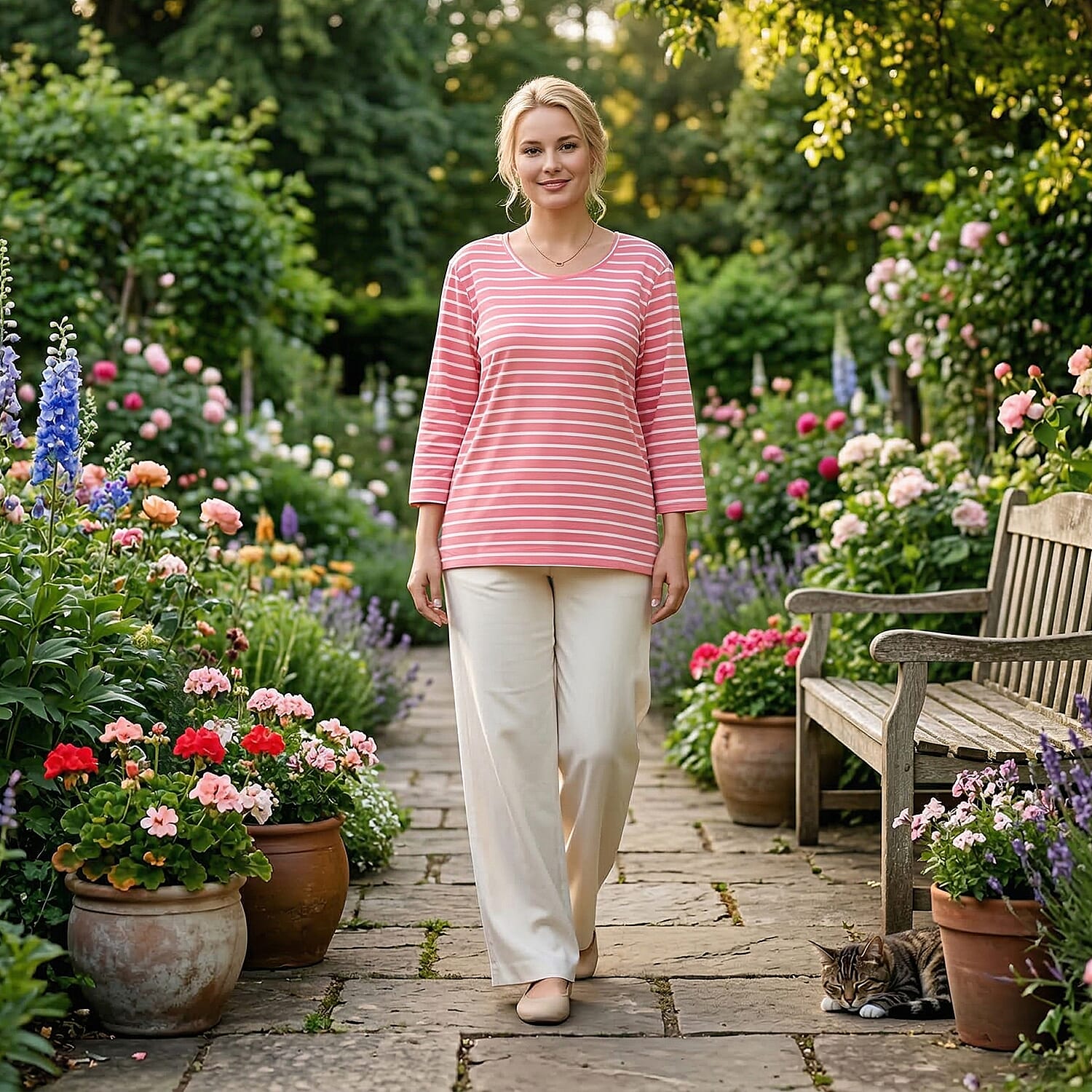 - Maisi Set Of 2 Quarter-Sleeve Cotton Tops (Size L, Fit 16 To 18) - Peach - Striped