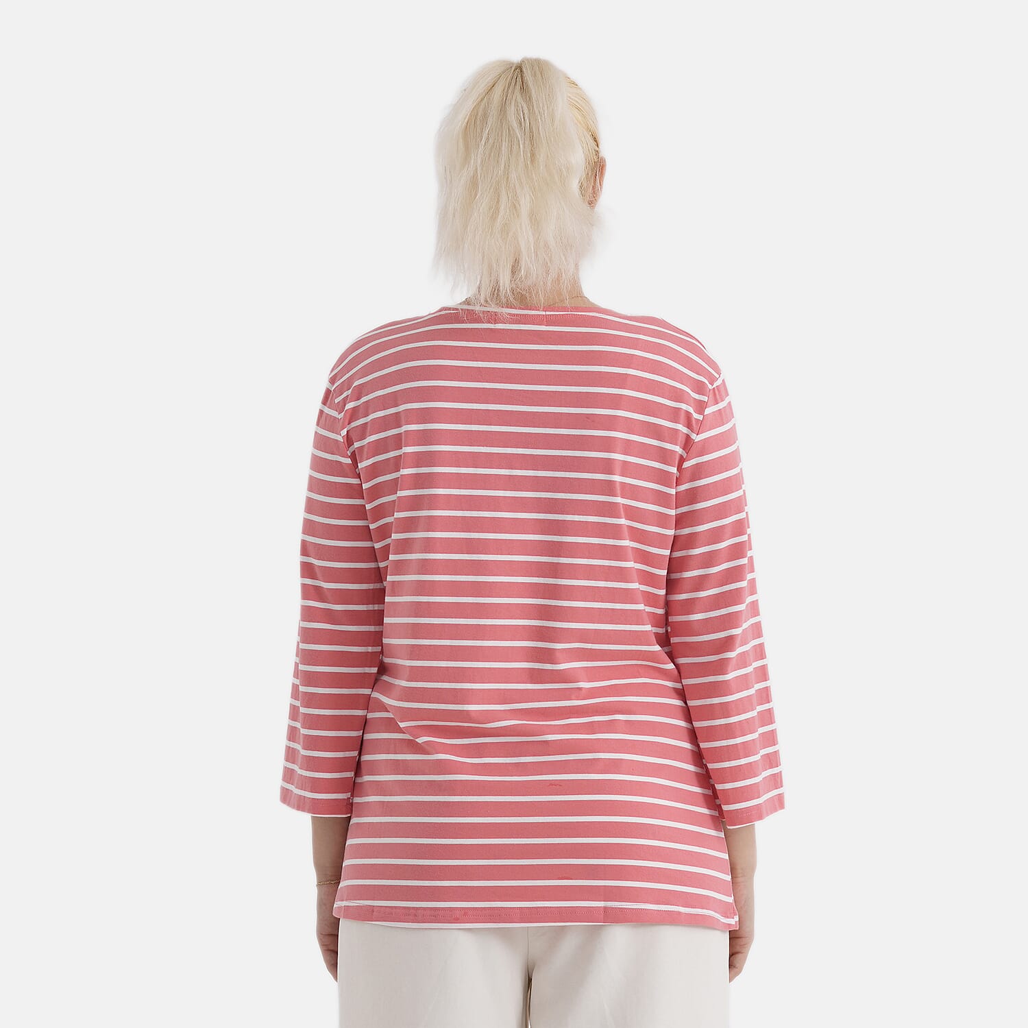 - Maisi Set Of 2 Quarter-Sleeve Cotton Tops (Size L, Fit 16 To 18) - Peach - Striped