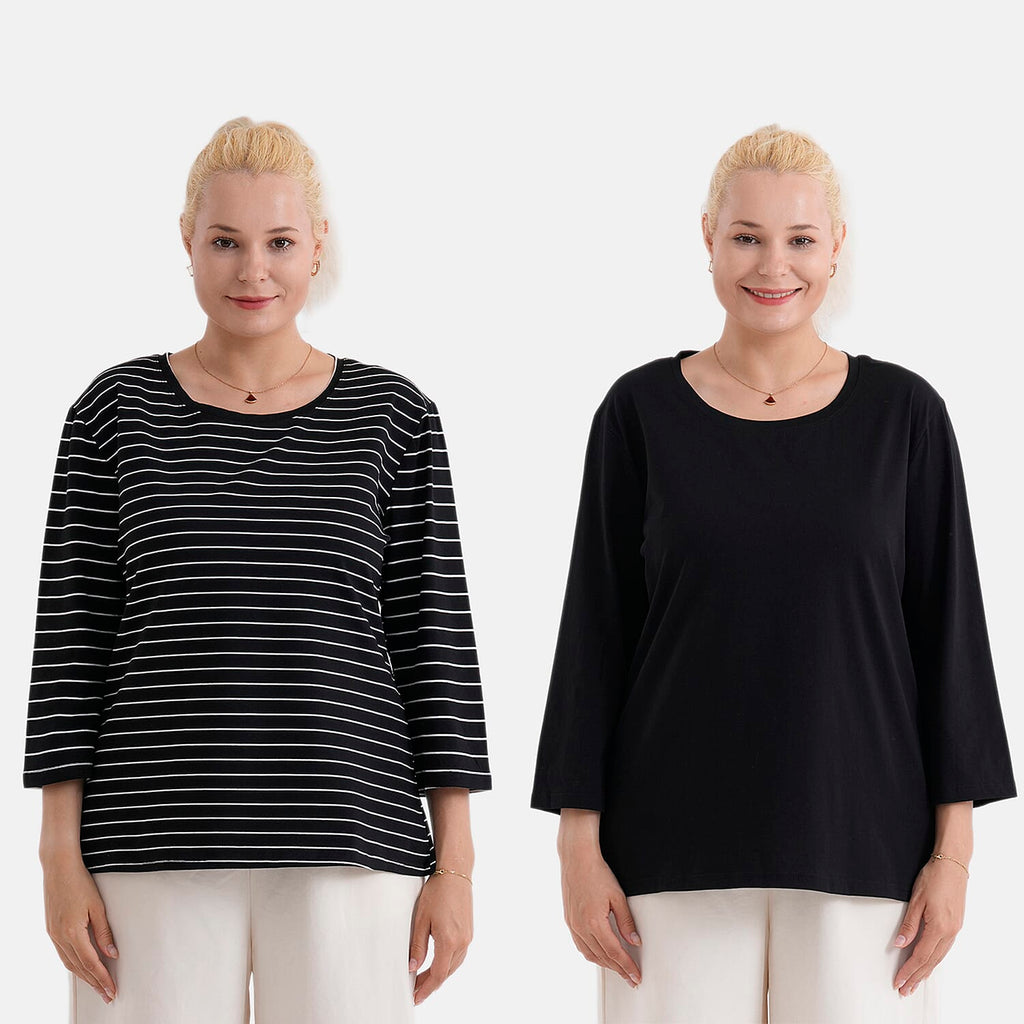 - Maisi Set Of 2 Quarter-Sleeve Cotton Tops (Size L, Fit 16 To 18) - Black - Striped