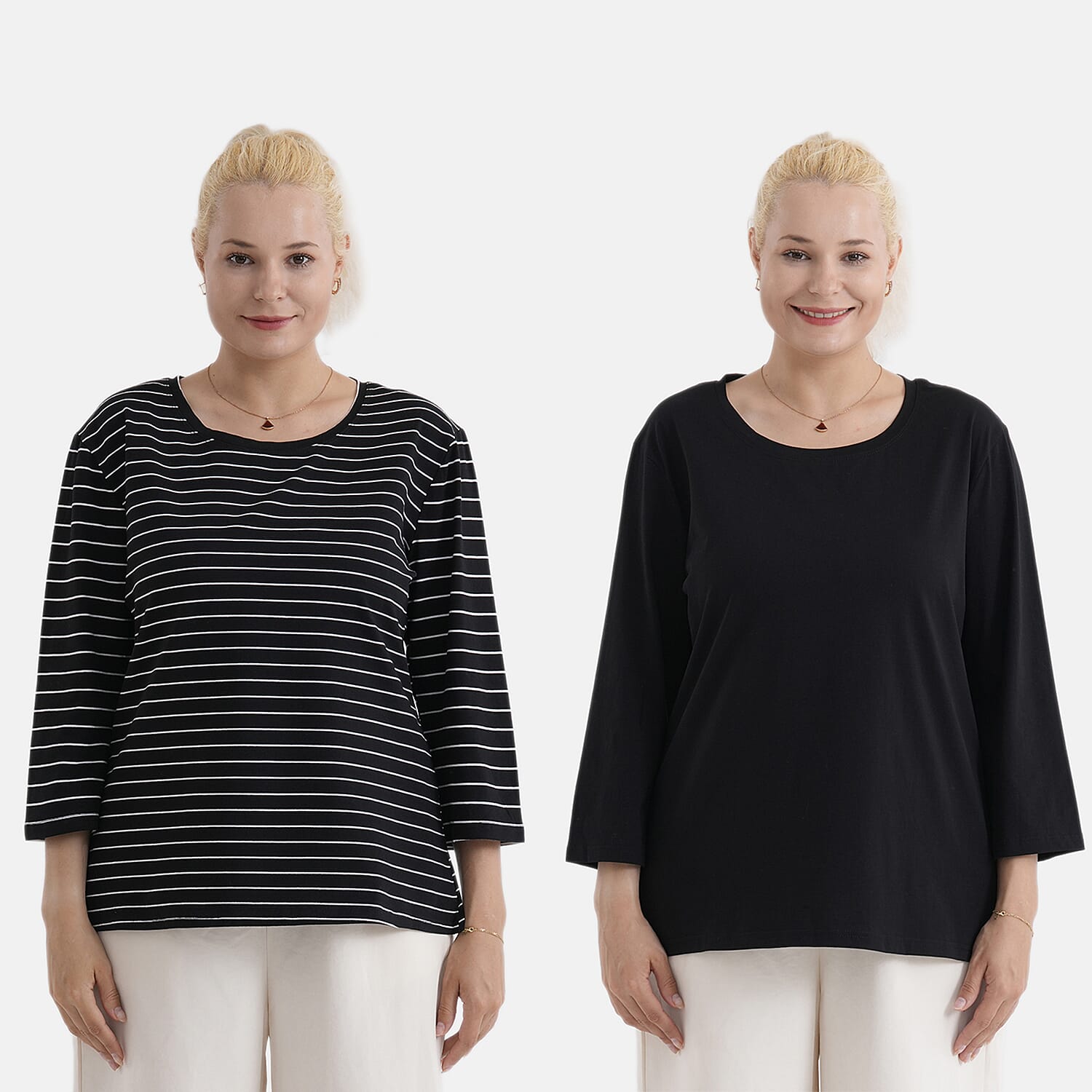 - Maisi Set Of 2 Quarter-Sleeve Cotton Tops (Size L, Fit 16 To 18) - Black - Striped