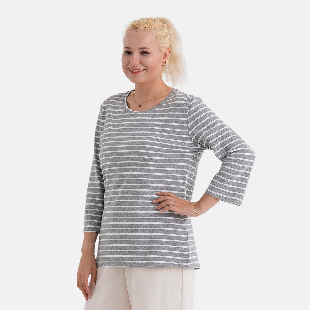- Maisi Set Of 2 Quarter-Sleeve Cotton Tops (Size L, Fit 16 To 18) - Grey - Striped