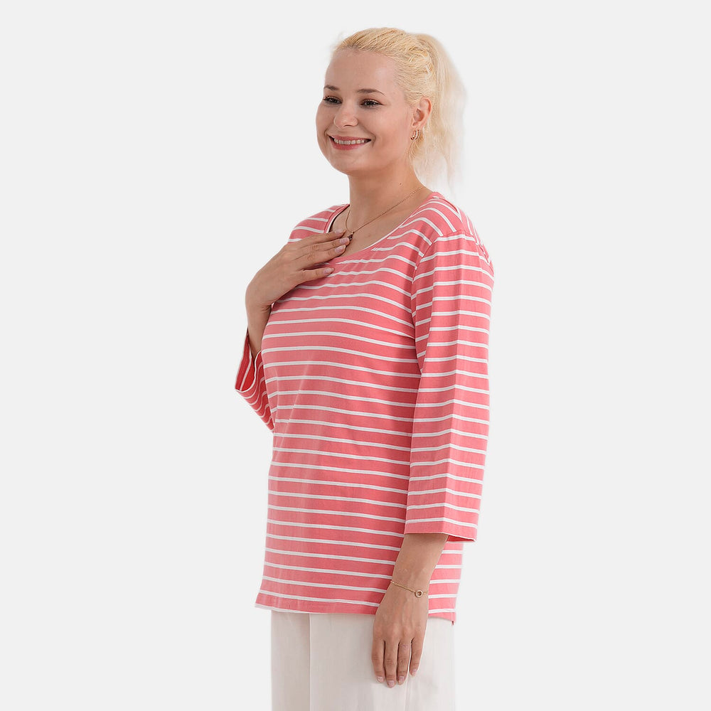 - Maisi Set Of 2 Quarter-Sleeve Cotton Tops (Size M, Fit 12 To 14) - Peach - Striped