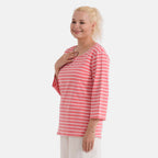 - Maisi Set Of 2 Quarter-Sleeve Cotton Tops (Size M, Fit 12 To 14) - Peach - Striped