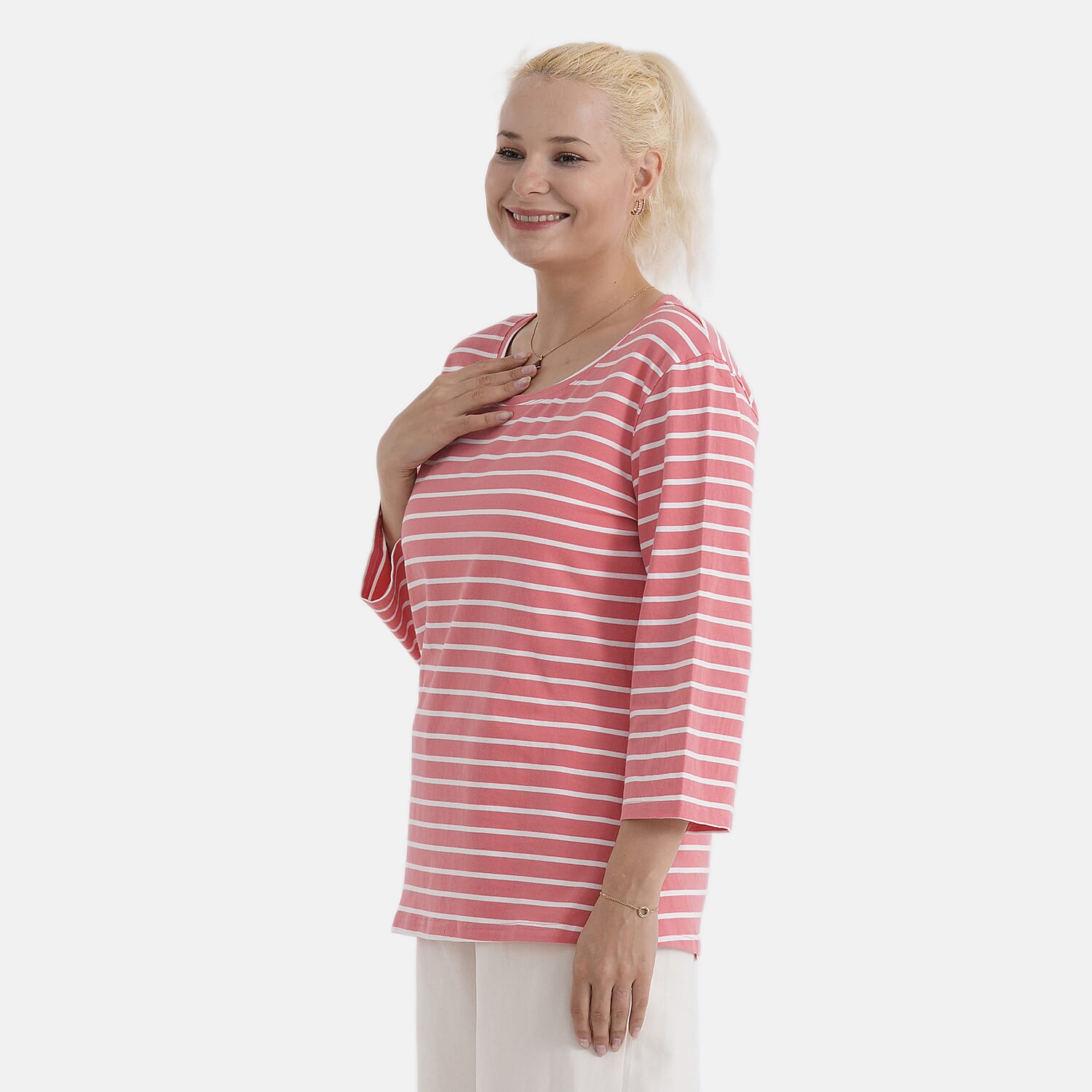 - Maisi Set Of 2 Quarter-Sleeve Cotton Tops (Size M, Fit 12 To 14) - Peach - Striped