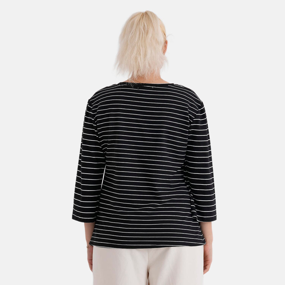 - Maisi Set Of 2 Quarter-Sleeve Cotton Tops (Size M, Fit 12 To 14) - Black - Striped