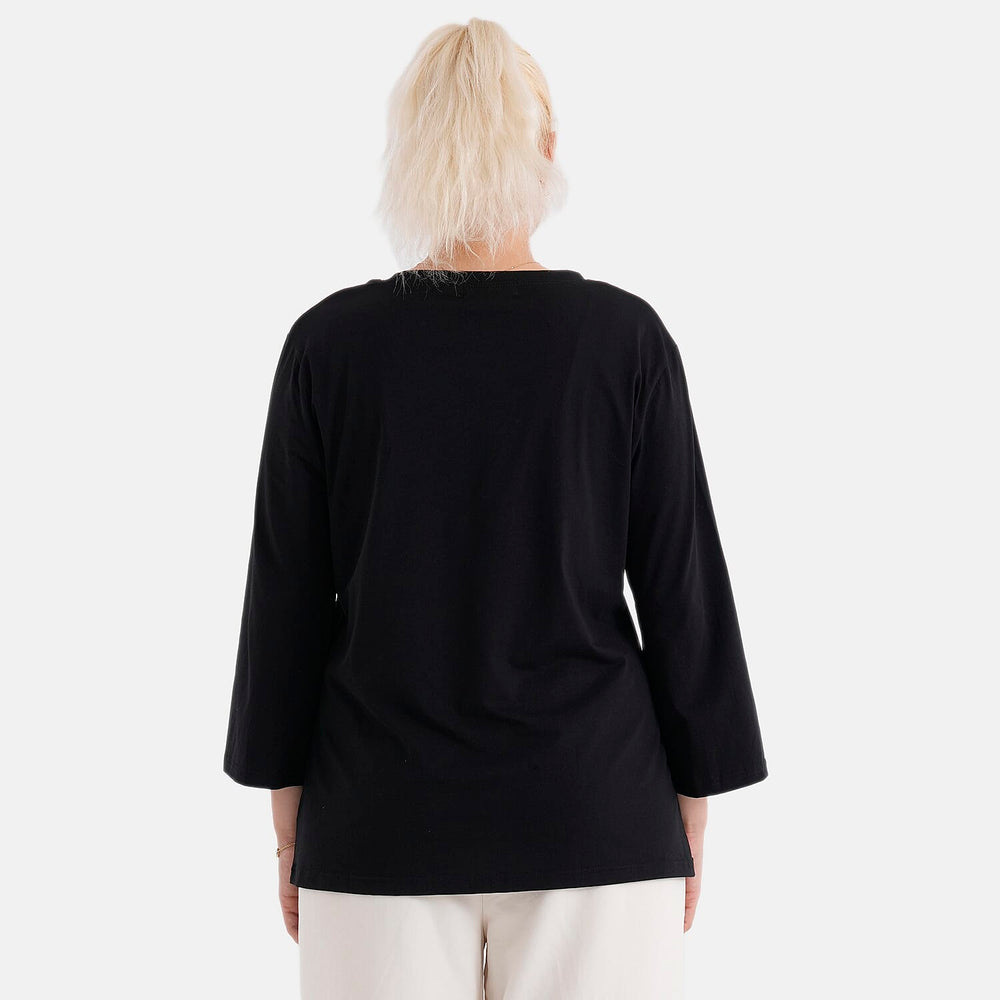 - Maisi Set Of 2 Quarter-Sleeve Cotton Tops (Size M, Fit 12 To 14) - Black - Striped