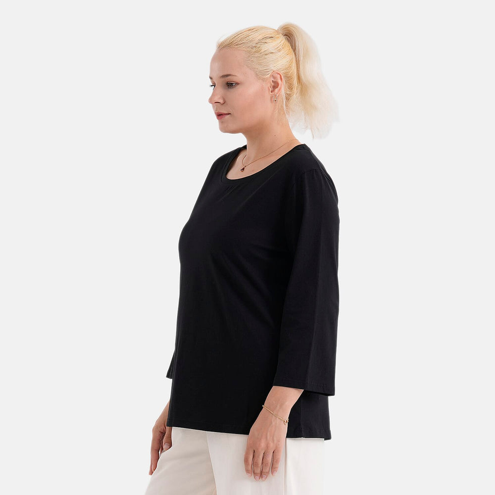 - Maisi Set Of 2 Quarter-Sleeve Cotton Tops (Size M, Fit 12 To 14) - Black - Striped