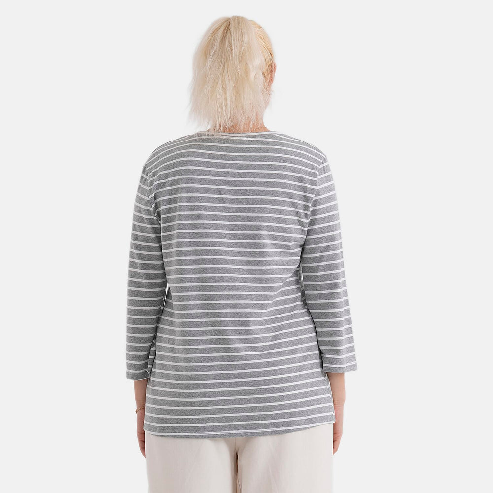 - Maisi Set Of 2 Quarter-Sleeve Cotton Tops (Size M, Fit 12 To 14) - Grey - Striped