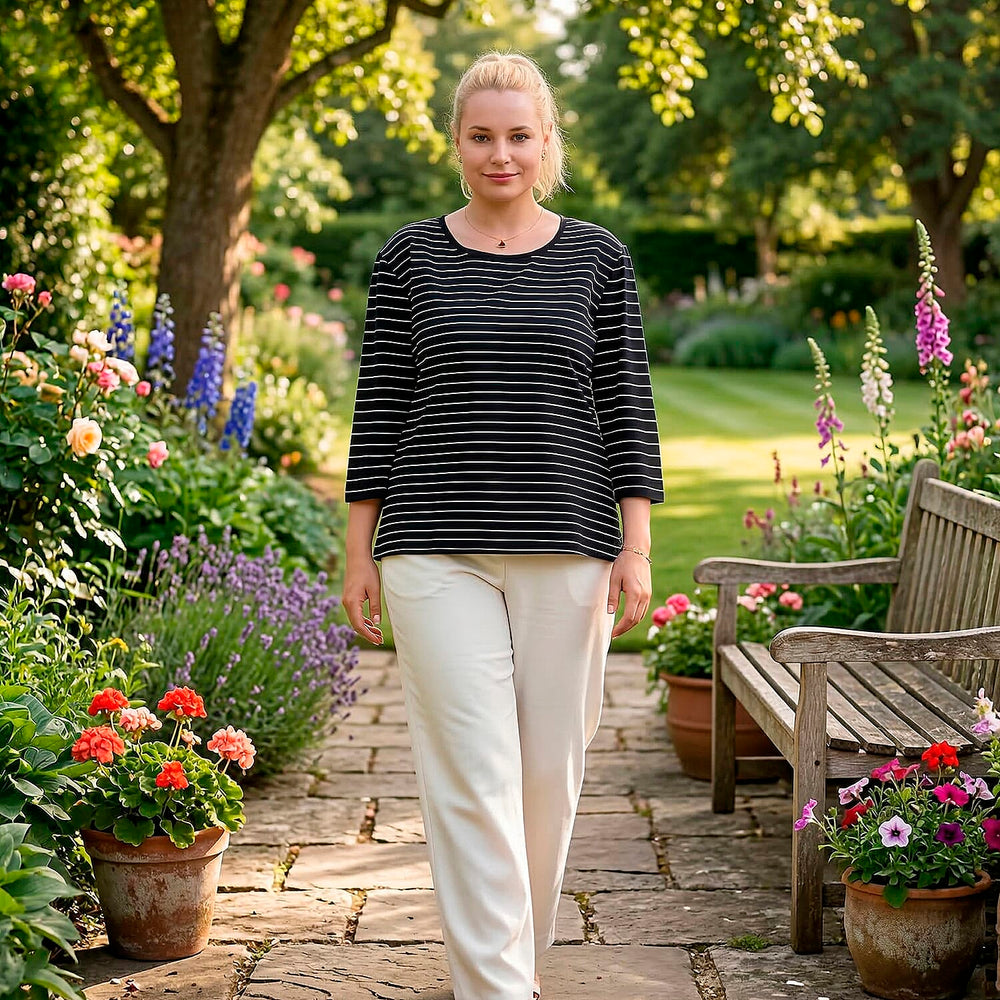 - Maisi Set Of 2 Quarter-Sleeve Cotton Tops (Size S, Fit 8 To 10) - Black - Striped