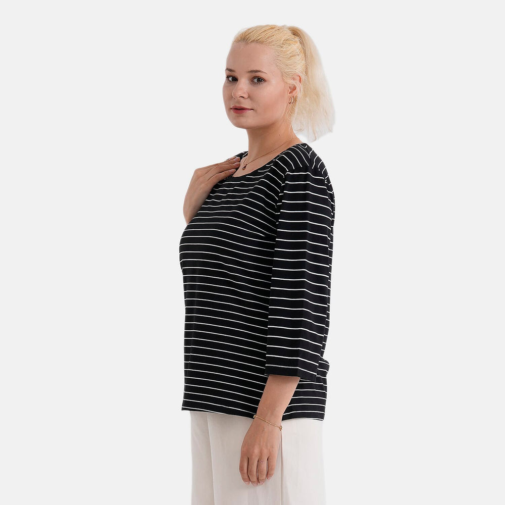 - Maisi Set Of 2 Quarter-Sleeve Cotton Tops (Size S, Fit 8 To 10) - Black - Striped