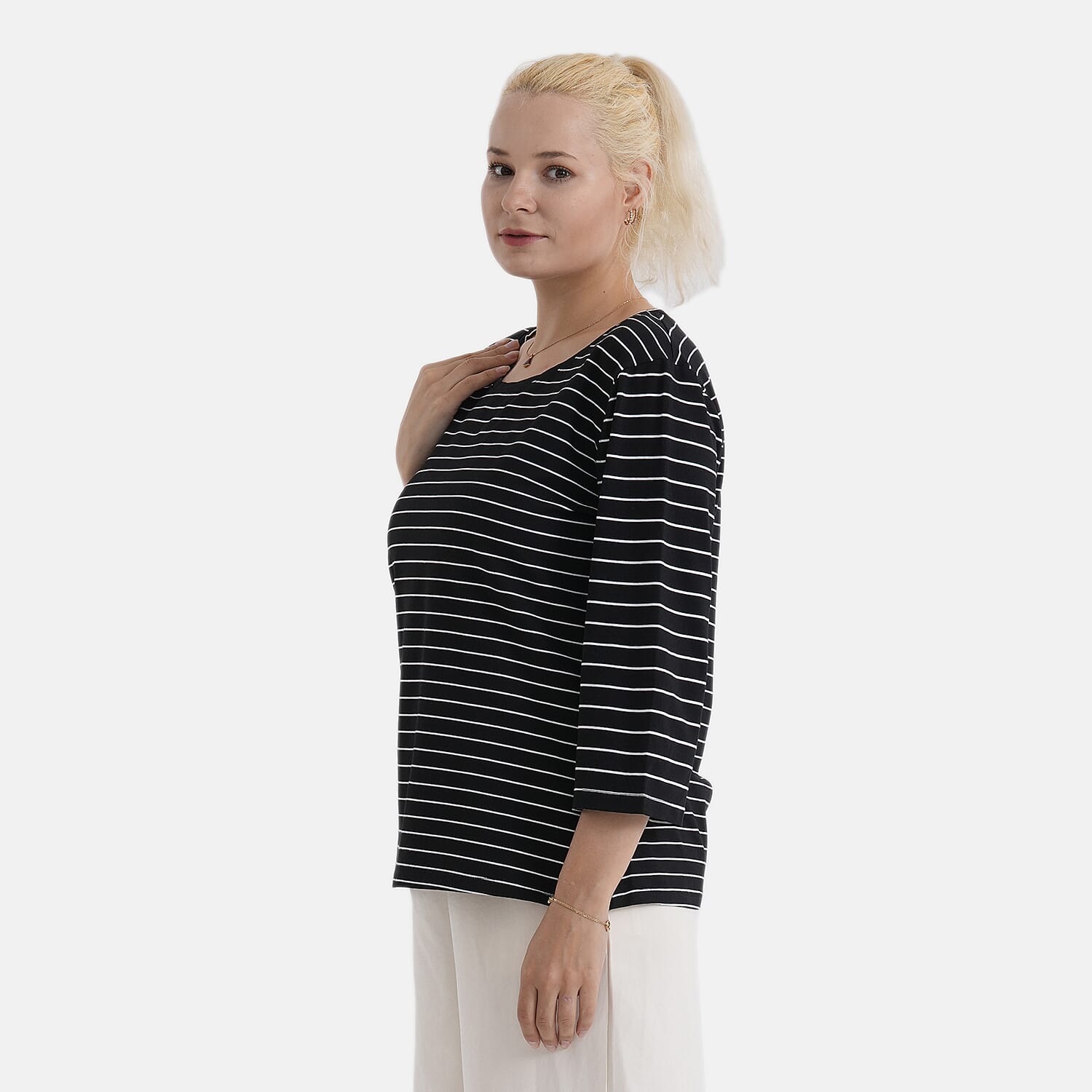 - Maisi Set Of 2 Quarter-Sleeve Cotton Tops (Size S, Fit 8 To 10) - Black - Striped