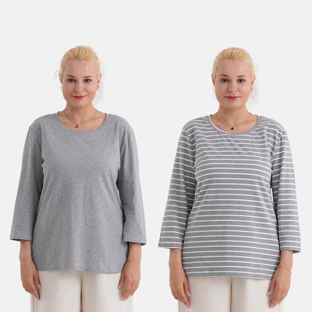 - Maisi Set Of 2 Quarter-Sleeve Cotton Tops (Size S, Fit 8 To 10) - Grey - Striped