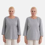 - Maisi Set Of 2 Quarter-Sleeve Cotton Tops (Size S, Fit 8 To 10) - Grey - Striped