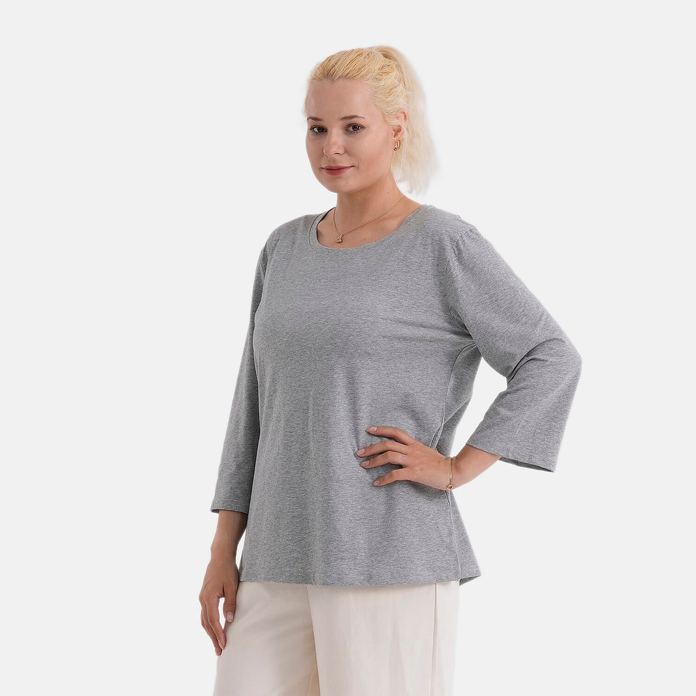- Maisi Set Of 2 Quarter-Sleeve Cotton Tops (Size S, Fit 8 To 10) - Grey - Striped