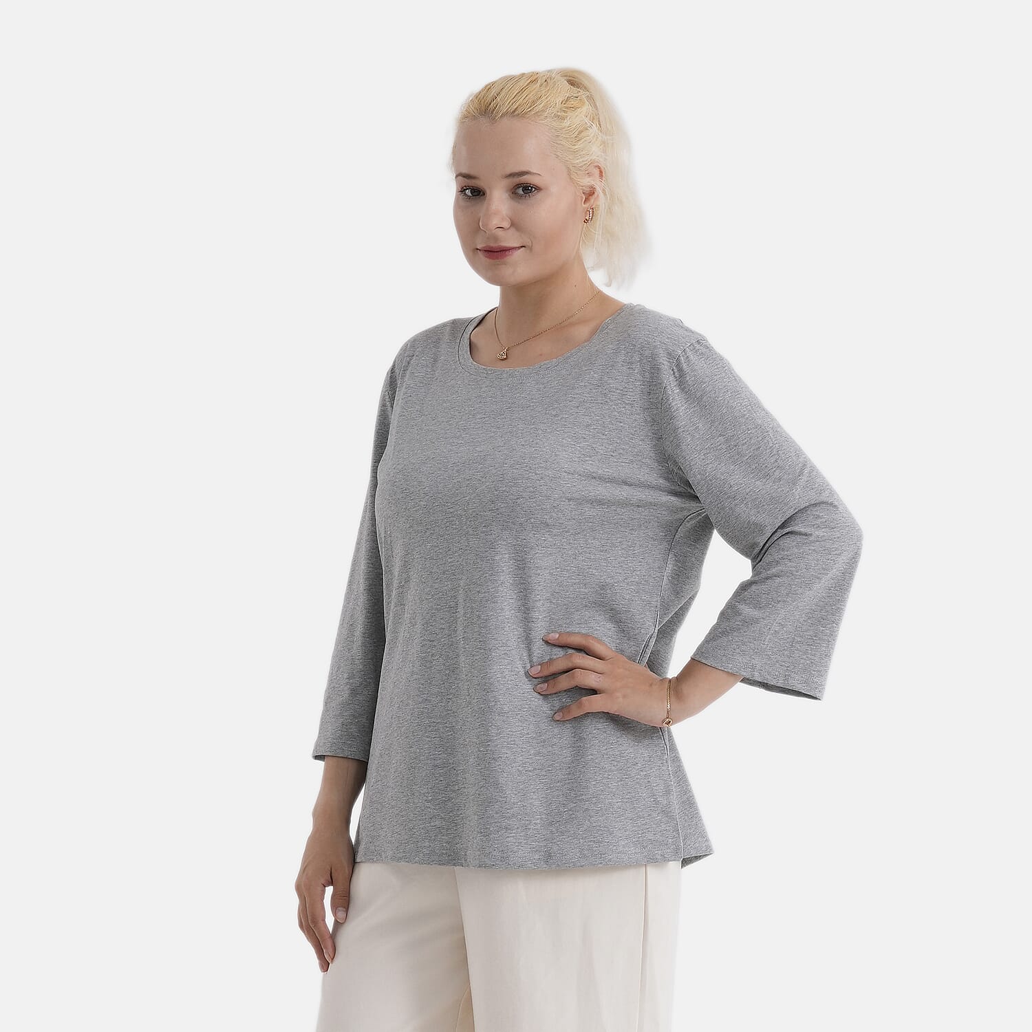 - Maisi Set Of 2 Quarter-Sleeve Cotton Tops (Size S, Fit 8 To 10) - Grey - Striped