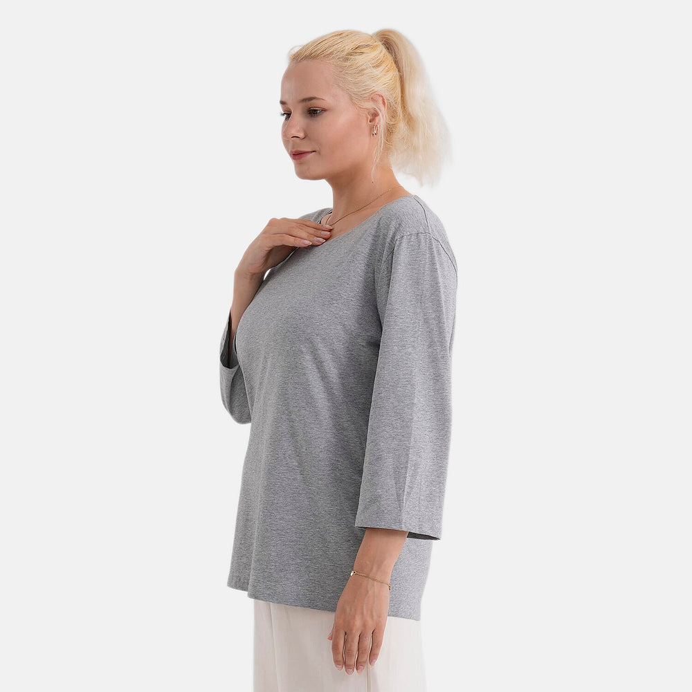 - Maisi Set Of 2 Quarter-Sleeve Cotton Tops (Size S, Fit 8 To 10) - Grey - Striped