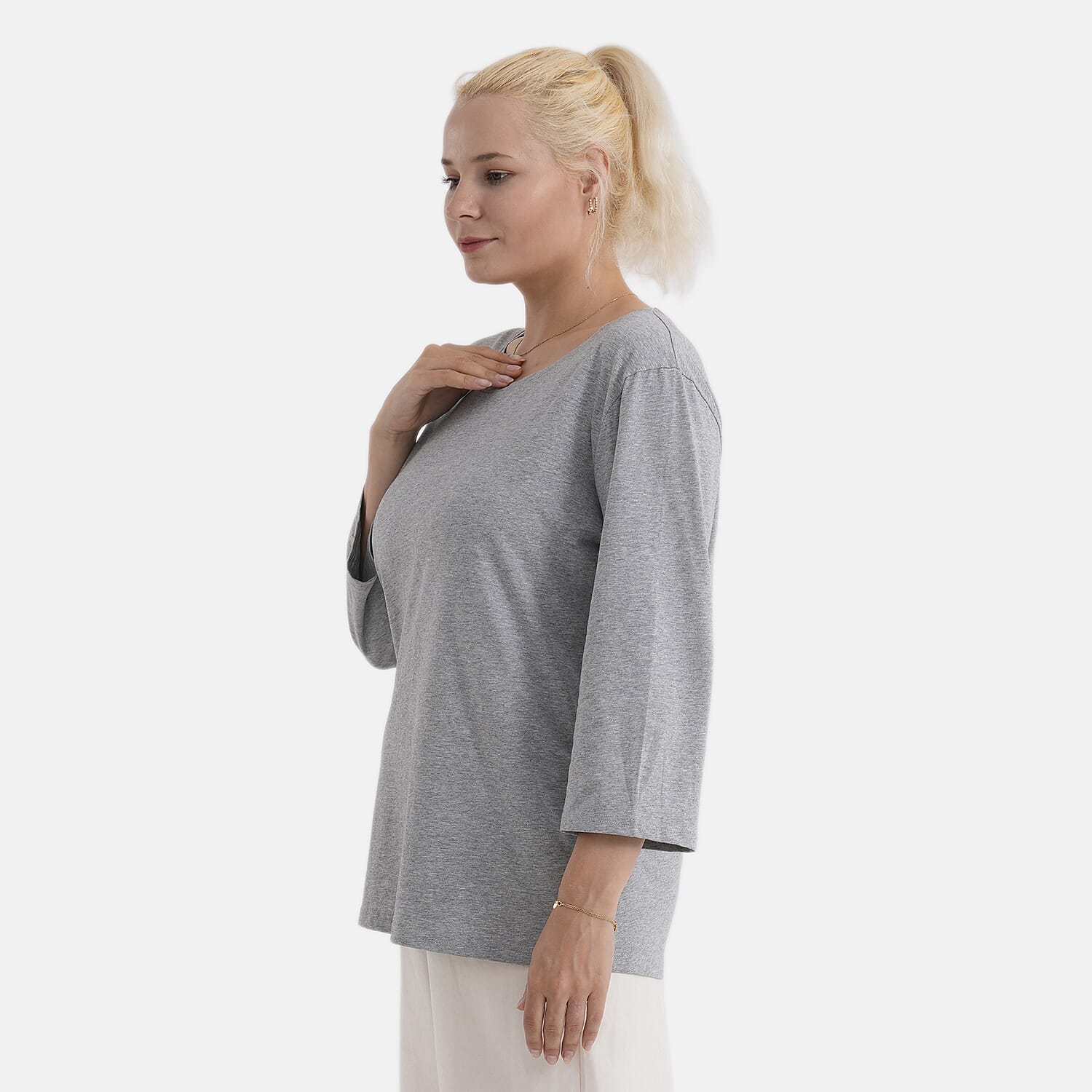 - Maisi Set Of 2 Quarter-Sleeve Cotton Tops (Size S, Fit 8 To 10) - Grey - Striped