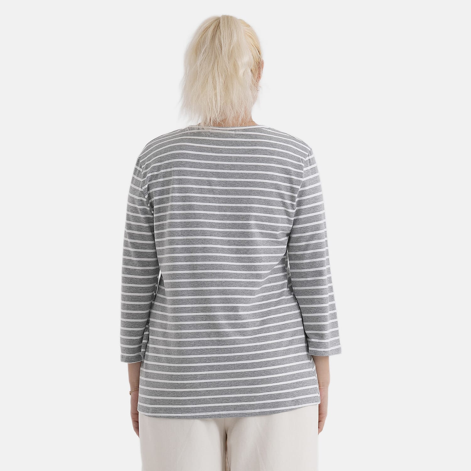 - Maisi Set Of 2 Quarter-Sleeve Cotton Tops (Size S, Fit 8 To 10) - Grey - Striped