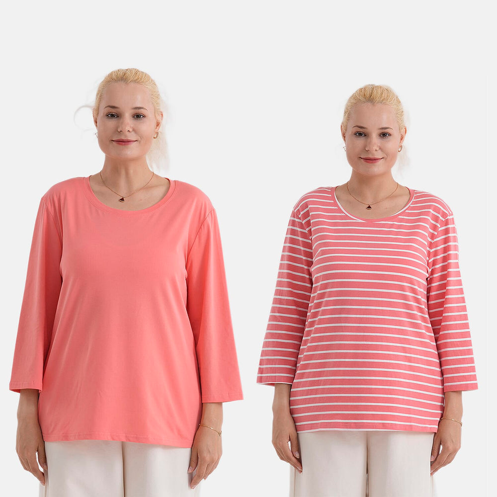 - Maisi Set Of 2 Quarter-Sleeve Cotton Tops (Size XL, Fit 20 To 22) - Peach - Striped