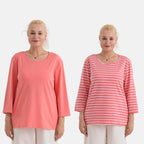 - Maisi Set Of 2 Quarter-Sleeve Cotton Tops (Size XL, Fit 20 To 22) - Peach - Striped