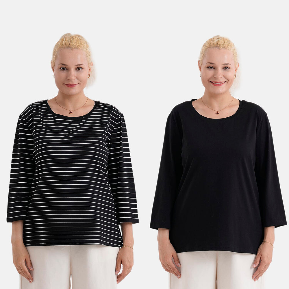 - Maisi Set Of 2 Quarter-Sleeve Cotton Tops (Size XL, Fit 20 To 22) - Black - Striped