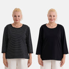 - Maisi Set Of 2 Quarter-Sleeve Cotton Tops (Size XL, Fit 20 To 22) - Black - Striped