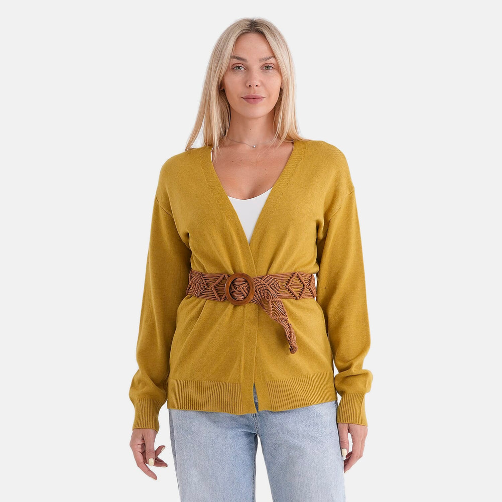 - Maisi Supersoft Knitted Cardigan With Braided Belt (Size 10 To 14) - Mustard