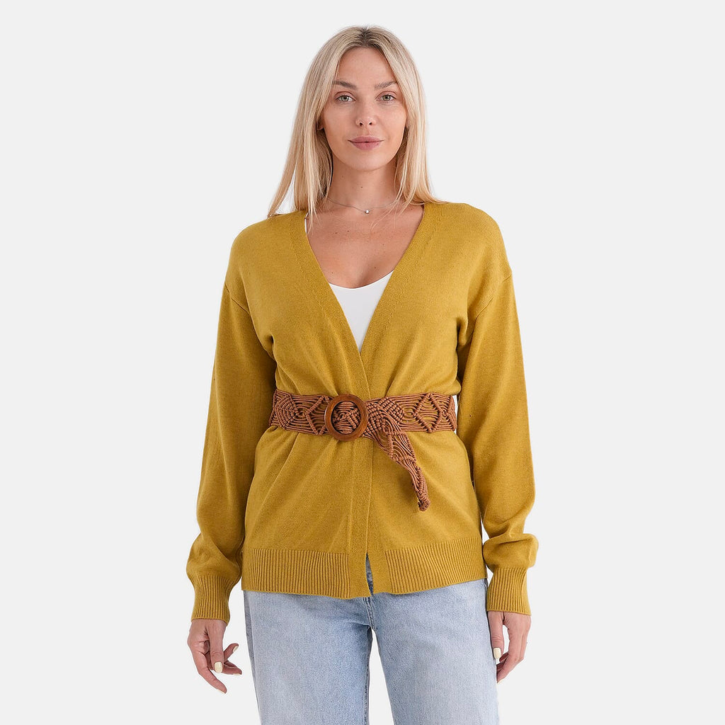 - Maisi Supersoft Knitted Cardigan With Braided Belt (Size 10 To 14) - Mustard