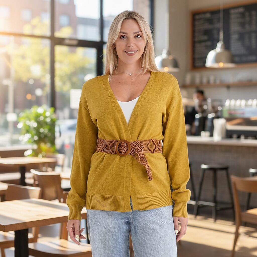 - Maisi Supersoft Knitted Cardigan With Braided Belt (Size 10 To 14) - Mustard