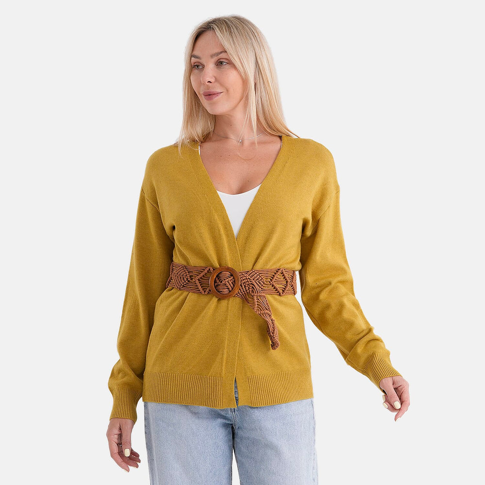 - Maisi Supersoft Knitted Cardigan With Braided Belt (Size 10 To 14) - Mustard