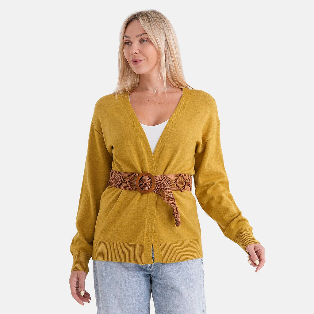 - Maisi Supersoft Knitted Cardigan With Braided Belt (Size 10 To 14) - Mustard
