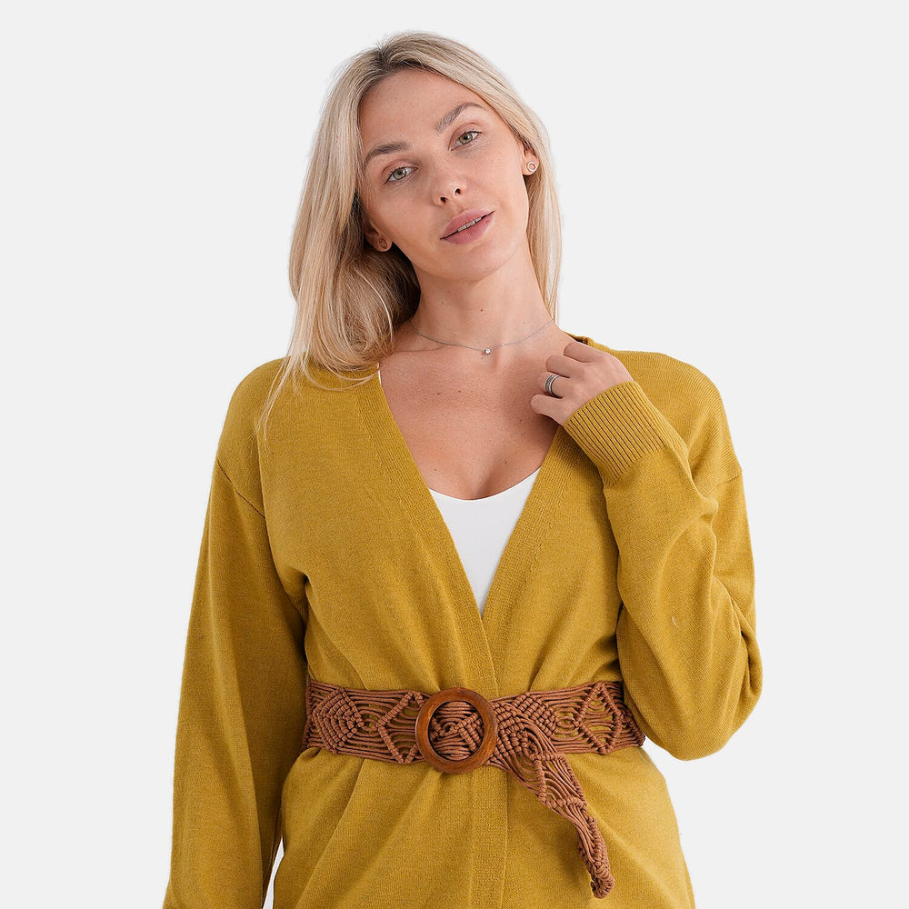 - Maisi Supersoft Knitted Cardigan With Braided Belt (Size 10 To 14) - Mustard