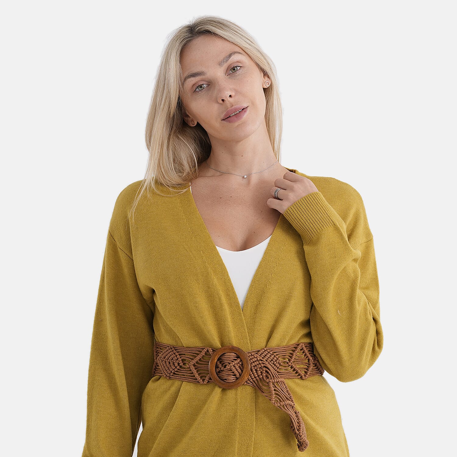 - Maisi Supersoft Knitted Cardigan With Braided Belt (Size 10 To 14) - Mustard