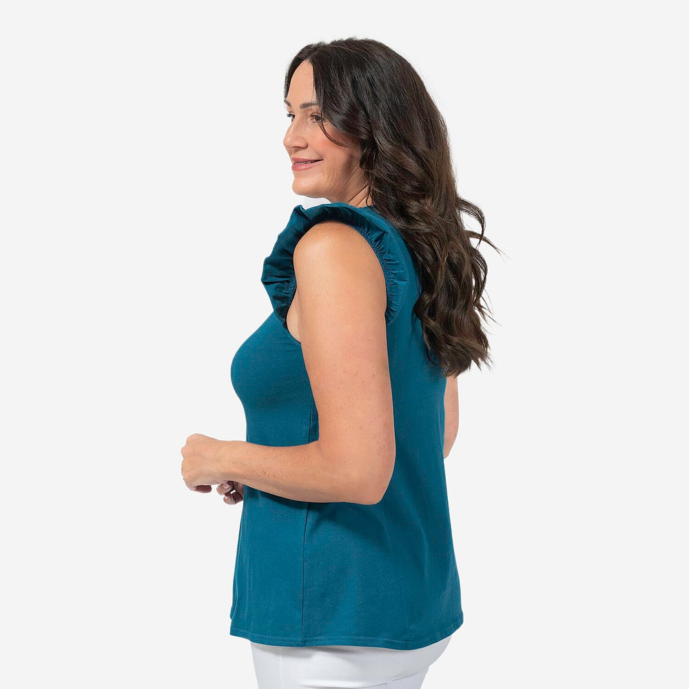 Maison Frill Sleeve Cotton Vest - Teal (Size L 16 - 18)