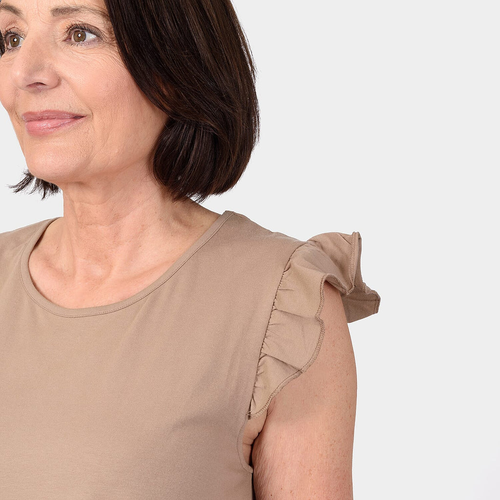 Maison Frill Sleeve Vest (Size M, 12-14) - Camel