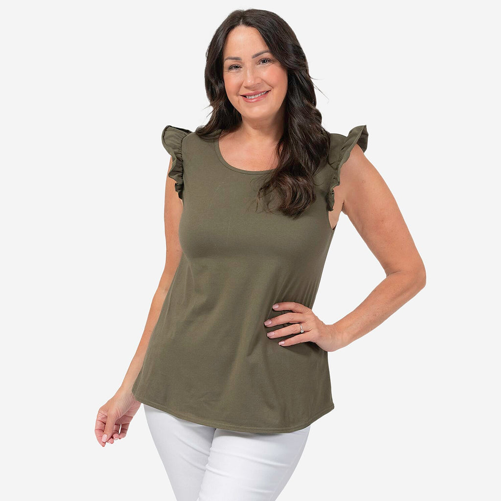 Maison Frill Sleeve Vest (Size L, 16-18) - Khaki