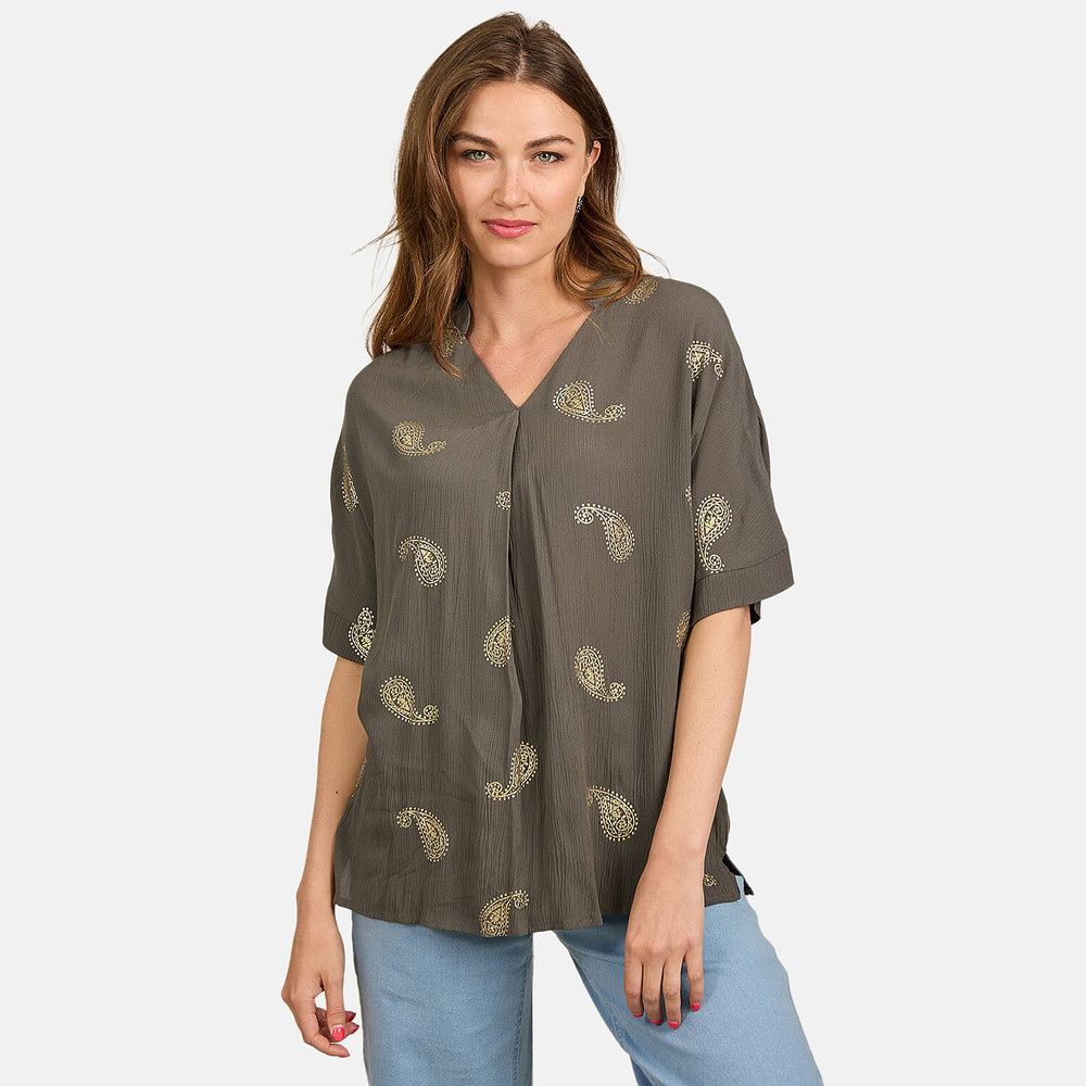 Maison 100% Viscose Printed Crikle Blouse (Size L 16 to 18) - Khaki