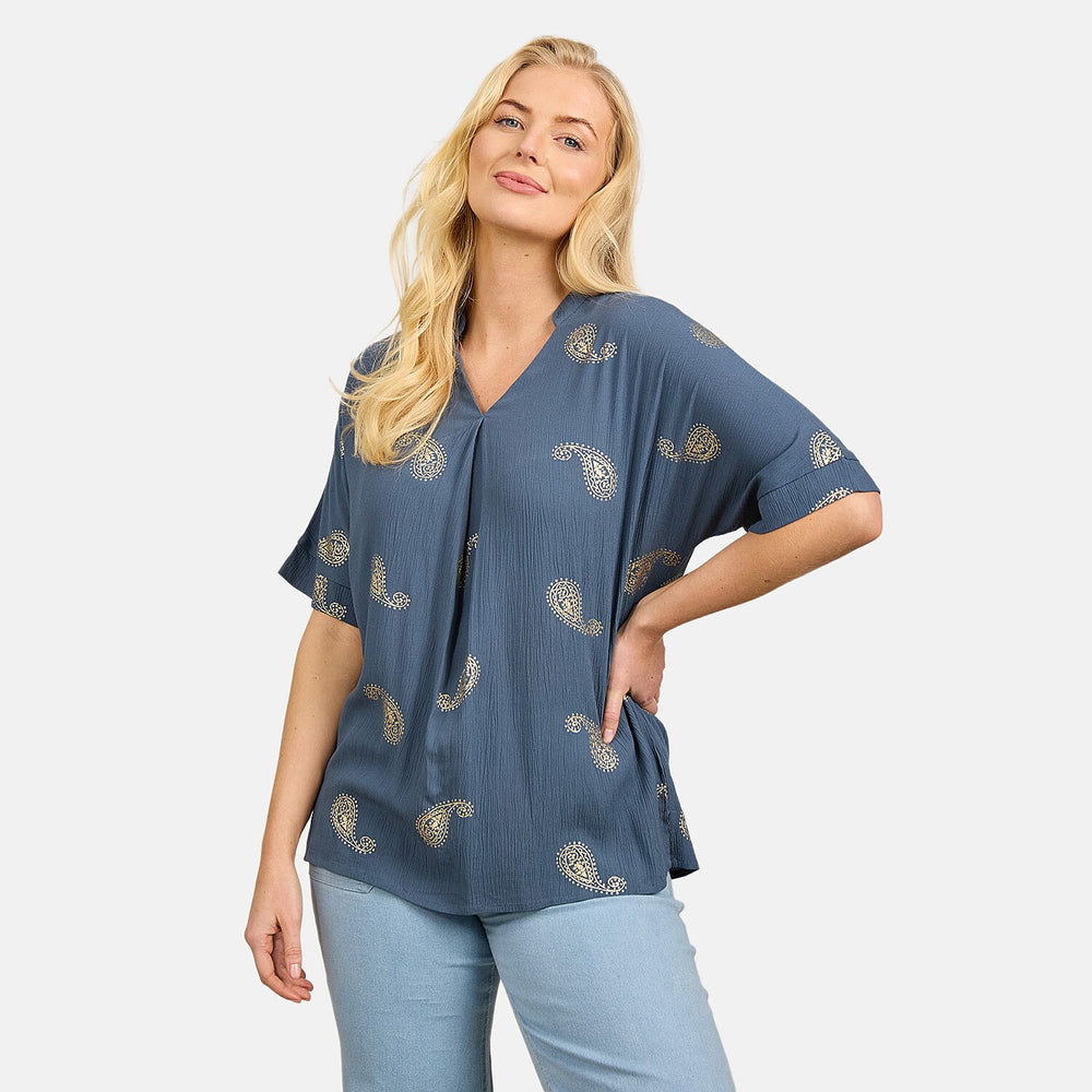 Maison 100% Viscose Printed Crinkle Blous(Size L 16 to 18) - Teal