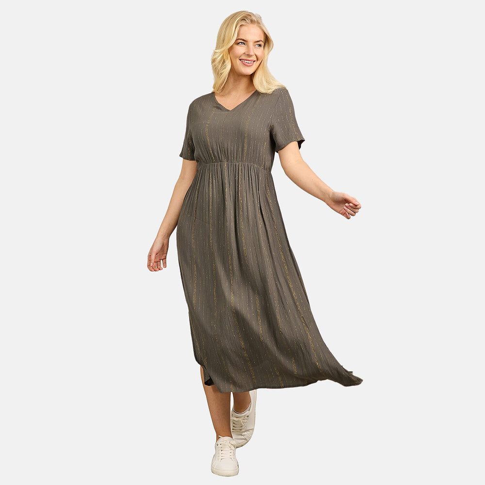 Maison Printed Short Sleeve Crinkle Dress (Size L) - Khaki