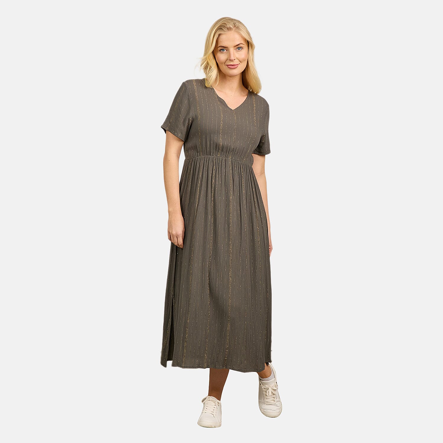 Maison Printed Short Sleeve Crinkle Dress (Size M) - Khaki